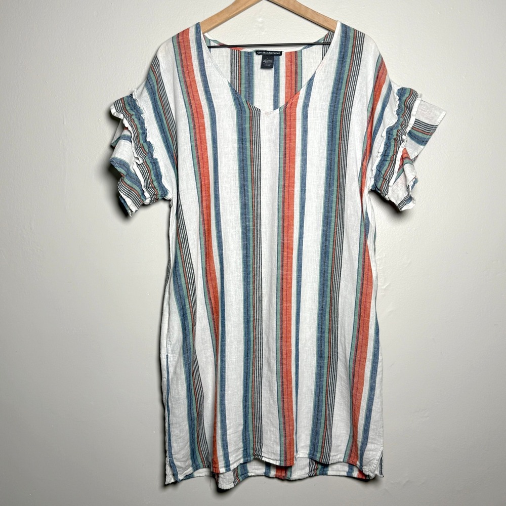 Chelsea & Theadore Womens Linen Mini Dress L Striped Blue Orange Vacation Resort